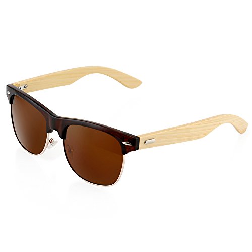 Vintage Classic Round Horned Stylish Wood Wooden Bamboo Eyewear Retro Sunglasses White Frame with Green Lens