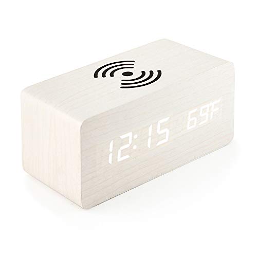 Wooden Alarm Clock with Qi Wireless Charging Pad Compatible with iPhone Samsung Wood LED Digital Clock Sound Control Function, Time Date, Temperature Display for Bedroom Office Home- Brown