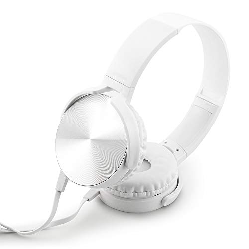 Over Ear Headphone Earphone Headset with Mic Wired Noise Cancellation Modern Metallic Design - White