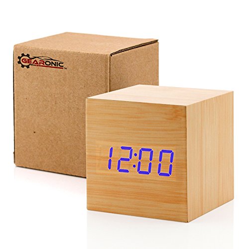 GEARONIC TM Wooden Alarm Clock Wood LED Square Cube Digital Thermometer Timer Calendar Brighter LED - Bamboo