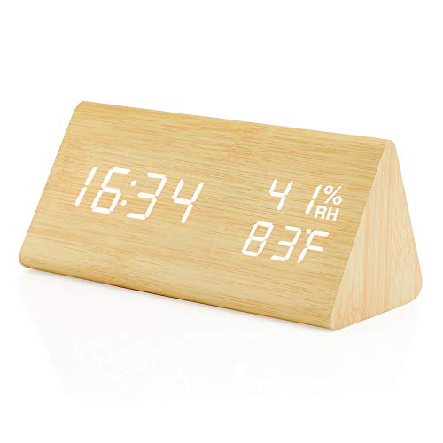 Wooden Alarm Clock, Wood LED Digital Desk Clock, Upgraded with Time Temperature, Adjustable Brightness and Voice Control, Humidity Displaying - Black