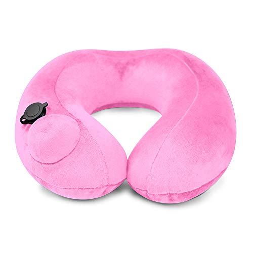 Inflatable Air Pump Travel Neck Pillow Comfortable U-Shape Airplane Support Cushion Velvet Hot Pink