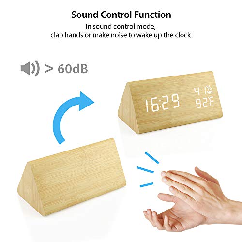 Wooden Alarm Clock, Wood LED Digital Desk Clock, Upgraded with Time Temperature, Adjustable Brightness and Voice Control, Humidity Displaying - Black