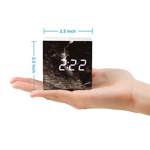 Oct17 Marble Pattern Alarm Clock, Fashion Multi-Function LED Alarm Clocks Stone Cube with USB Power Supply, Voice Control, Timer, Thermometer - White