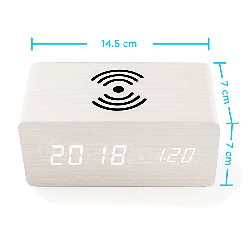 Wooden Alarm Clock with Qi Wireless Charging Pad Compatible with iPhone Samsung Wood LED Digital Clock Sound Control Function, Time Date, Temperature Display for Bedroom Office Home- Brown