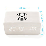 Wooden Alarm Clock with Qi Wireless Charging Pad Compatible with iPhone Samsung Wood LED Digital Clock Sound Control Function, Time Date, Temperature Display for Bedroom Office Home- Brown