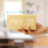 Wooden Alarm Clock, Wood LED Digital Desk Clock, Upgraded with Time Temperature, Adjustable Brightness and Voice Control, Humidity Displaying - Black