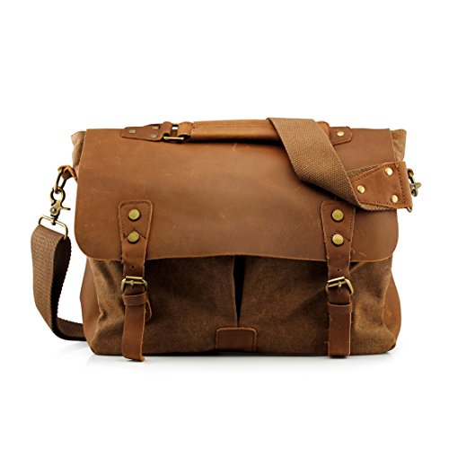 GEARONIC TM Men's Vintage Canvas Leather Messenger Bag Satchel School Military Shoulder Travel Bag for Notebook Laptop Macbook 11 and 13 inch Air Pro - Khaki