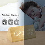 Wooden Alarm Clock, Wood LED Digital Desk Clock, Upgraded with Time Temperature, Adjustable Brightness and Voice Control, Humidity Displaying - Black