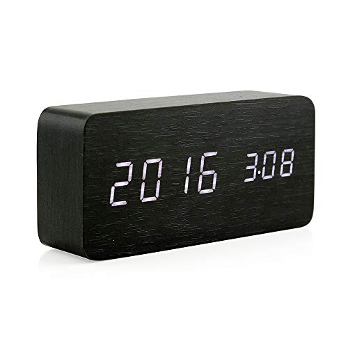 Oct17 Wooden Digital Alarm Clock, Wood Fashion Multi-Function LED Alarm Clock with USB Power Supply, Voice Control, Timer, Thermometer - Black