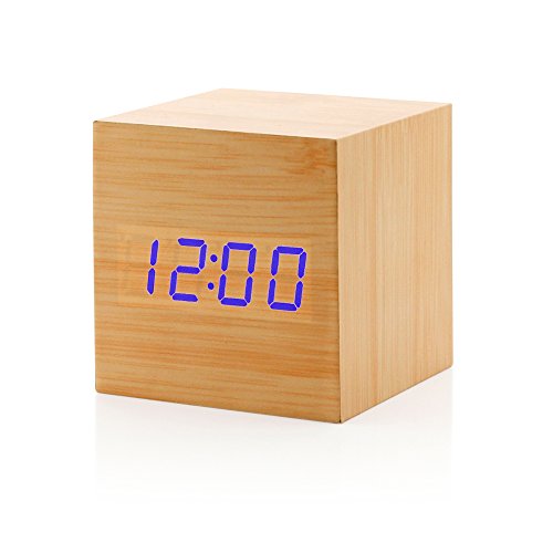 GEARONIC TM Wooden Alarm Clock Wood LED Square Cube Digital Thermometer Timer Calendar Brighter LED - Bamboo