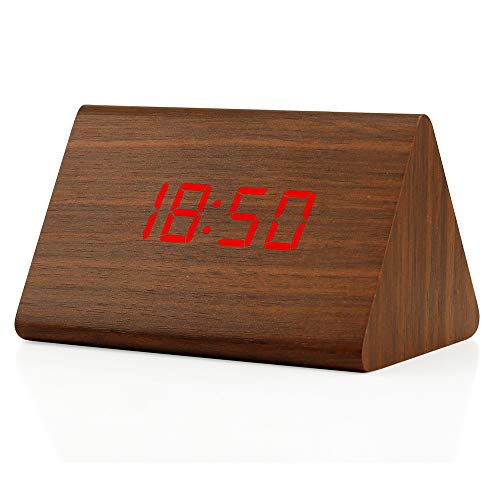 Wooden Wood Clock , 2020 New Version LED Alarm Digital Desk Clock Adjustable Brightness, Alarm Time, Displays Time Date Temperature - Brown (Red Light)