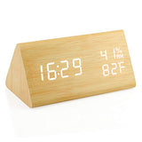 Wooden Alarm Clock, Wood LED Digital Desk Clock, Upgraded with Time Temperature, Adjustable Brightness and Voice Control, Humidity Displaying - Black