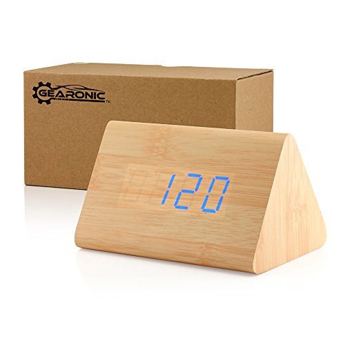 GEARONIC TM Modern Triangle Wood Clock Digital LED Wooden Alarm Clocks Digital Desk Thermometer Classical Timer Calendar - Black