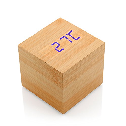 GEARONIC TM Wooden Alarm Clock Wood LED Square Cube Digital Thermometer Timer Calendar Brighter LED - Bamboo