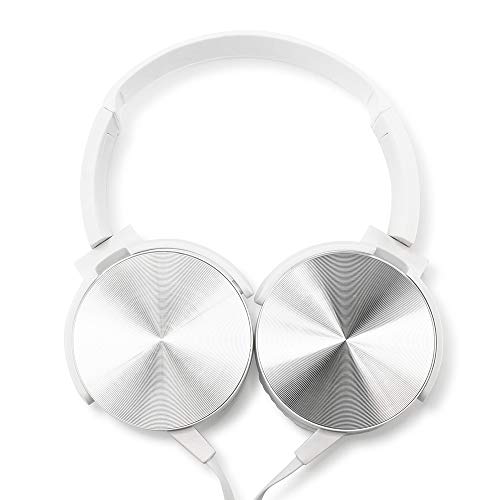 Over Ear Headphone Earphone Headset with Mic Wired Noise Cancellation Modern Metallic Design - White