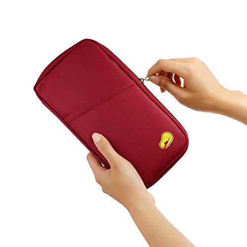 GEARONIC TM Travel Wallet Slim Organizer Security Theft Proof For Money Phone Documents Passport Holder Clutch Women Men Family Leather Zipper Wine Red