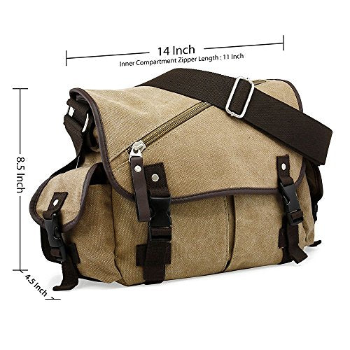 Men Messenger Bag School Shoulder Canvas Vintage Crossbody Military Satchel Bag Laptop Khaki