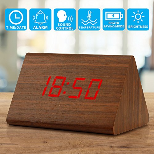 Wooden Wood Clock , 2020 New Version LED Alarm Digital Desk Clock Adjustable Brightness, Alarm Time, Displays Time Date Temperature - Brown (Red Light)