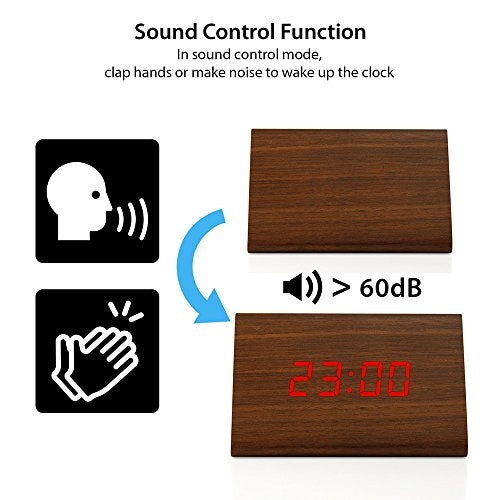 Wooden Wood Clock , 2020 New Version LED Alarm Digital Desk Clock Adjustable Brightness, Alarm Time, Displays Time Date Temperature - Brown (Red Light)