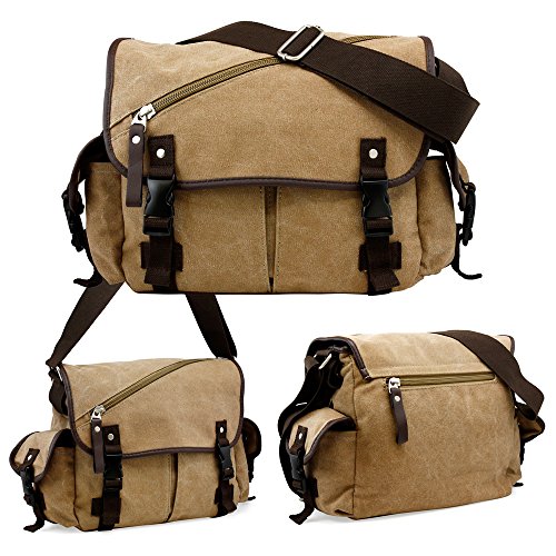 Men Messenger Bag School Shoulder Canvas Vintage Crossbody Military Satchel Bag Laptop Khaki