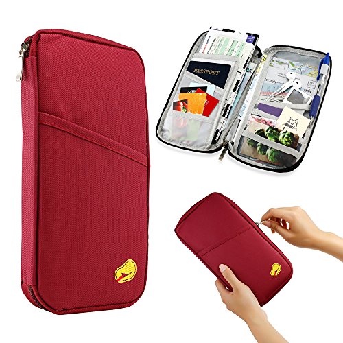 GEARONIC TM Travel Wallet Slim Organizer Security Theft Proof For Money Phone Documents Passport Holder Clutch Women Men Family Leather Zipper Wine Red