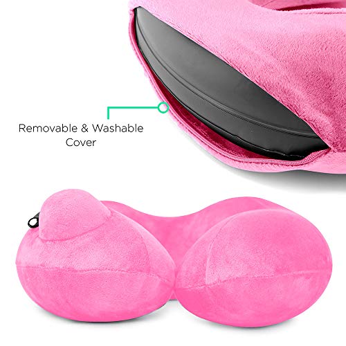 Inflatable Air Pump Travel Neck Pillow Comfortable U-Shape Airplane Support Cushion Velvet Hot Pink