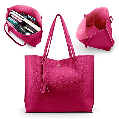 OCT17 Women Tote Bag - Tassels Faux Leather Shoulder Handbags, Fashion Ladies Purses Satchel Messenger Bags - Hot Pink