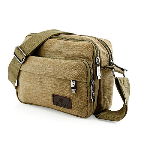 GEARONIC TM Men Vintage Crossbody Canvas Messenger Shoulder Bag School Hiking Military Travel Satchel - Khaki