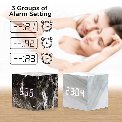 Oct17 Marble Pattern Alarm Clock, Fashion Multi-Function LED Alarm Clocks Stone Cube with USB Power Supply, Voice Control, Timer, Thermometer - White