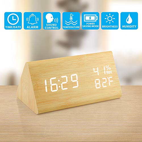 Wooden Alarm Clock, Wood LED Digital Desk Clock, Upgraded with Time Temperature, Adjustable Brightness and Voice Control, Humidity Displaying - Black