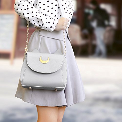 Moon Luna Design Purse Kitty Cat satchel shoulder bag Designer Women Handbag Tote PU Leather Girls Teens School Sailer Style (Gray)