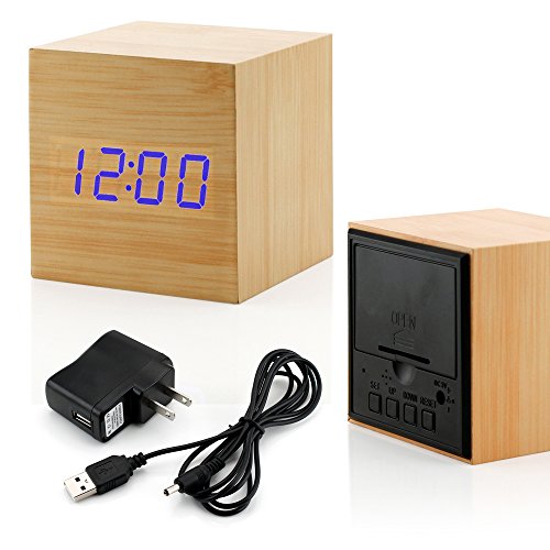 GEARONIC TM Wooden Alarm Clock Wood LED Square Cube Digital Thermometer Timer Calendar Brighter LED - Bamboo