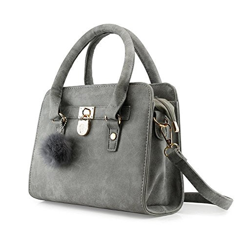 Lady Women Lock Faux Leather Tote Hobo Shoulder Bag Purse fur ball Satchel Fashion Luxury Handbag - Gray