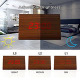 Wooden Wood Clock , 2020 New Version LED Alarm Digital Desk Clock Adjustable Brightness, Alarm Time, Displays Time Date Temperature - Brown (Red Light)