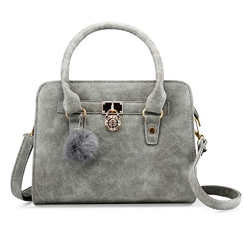 Lady Women Lock Faux Leather Tote Hobo Shoulder Bag Purse fur ball Satchel Fashion Luxury Handbag - Gray