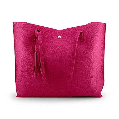 OCT17 Women Tote Bag - Tassels Faux Leather Shoulder Handbags, Fashion Ladies Purses Satchel Messenger Bags - Hot Pink