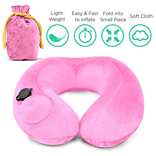 Inflatable Air Pump Travel Neck Pillow Comfortable U-Shape Airplane Support Cushion Velvet Hot Pink