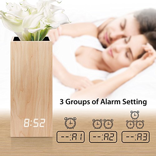 Oct17 Wooden Alarm Clock, Magnetic Wood Alarm Clock Voice Control Electric Smart LED Travel Digital Desk Clock Modern Vase - White with White Light