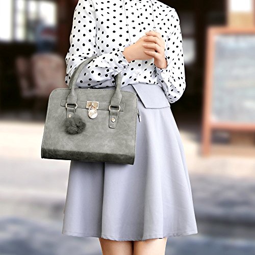 Lady Women Lock Faux Leather Tote Hobo Shoulder Bag Purse fur ball Satchel Fashion Luxury Handbag - Gray