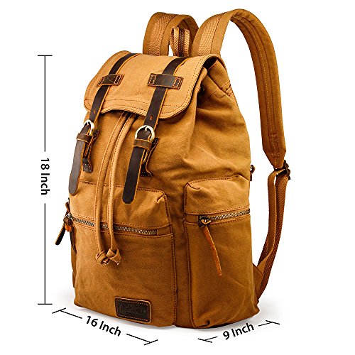 GEARONIC TM 21L Vintage Canvas Backpack for Men Leather Rucksack Knapsack 15 inch Laptop Tote Satchel School Military Army Shoulder Rucksack Hiking Bag Yellow