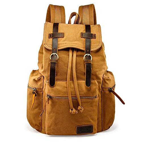 GEARONIC TM 21L Vintage Canvas Backpack for Men Leather Rucksack Knapsack 15 inch Laptop Tote Satchel School Military Army Shoulder Rucksack Hiking Bag Yellow