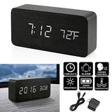 Oct17 Wooden Digital Alarm Clock, Wood Fashion Multi-Function LED Alarm Clock with USB Power Supply, Voice Control, Timer, Thermometer - Black