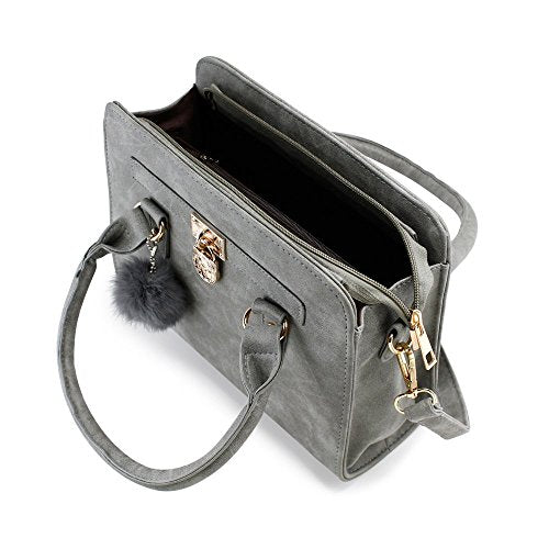 Lady Women Lock Faux Leather Tote Hobo Shoulder Bag Purse fur ball Satchel Fashion Luxury Handbag - Gray