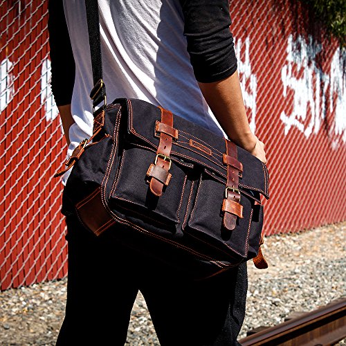 GEARONIC Mens Canvas Leather Messenger Bag for 14