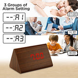 Wooden Wood Clock , 2020 New Version LED Alarm Digital Desk Clock Adjustable Brightness, Alarm Time, Displays Time Date Temperature - Brown (Red Light)